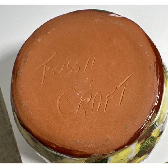 Ceramic Ginger Jar Fossil Craft Lidded Mottled Yellow Green Art Pottery Urn 3" - Picture 4 of 5